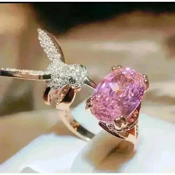 Fashion Pink Zircon Rhinestone Hummingbird Rose Gold Ring Size 9 - Picture 3 of 8